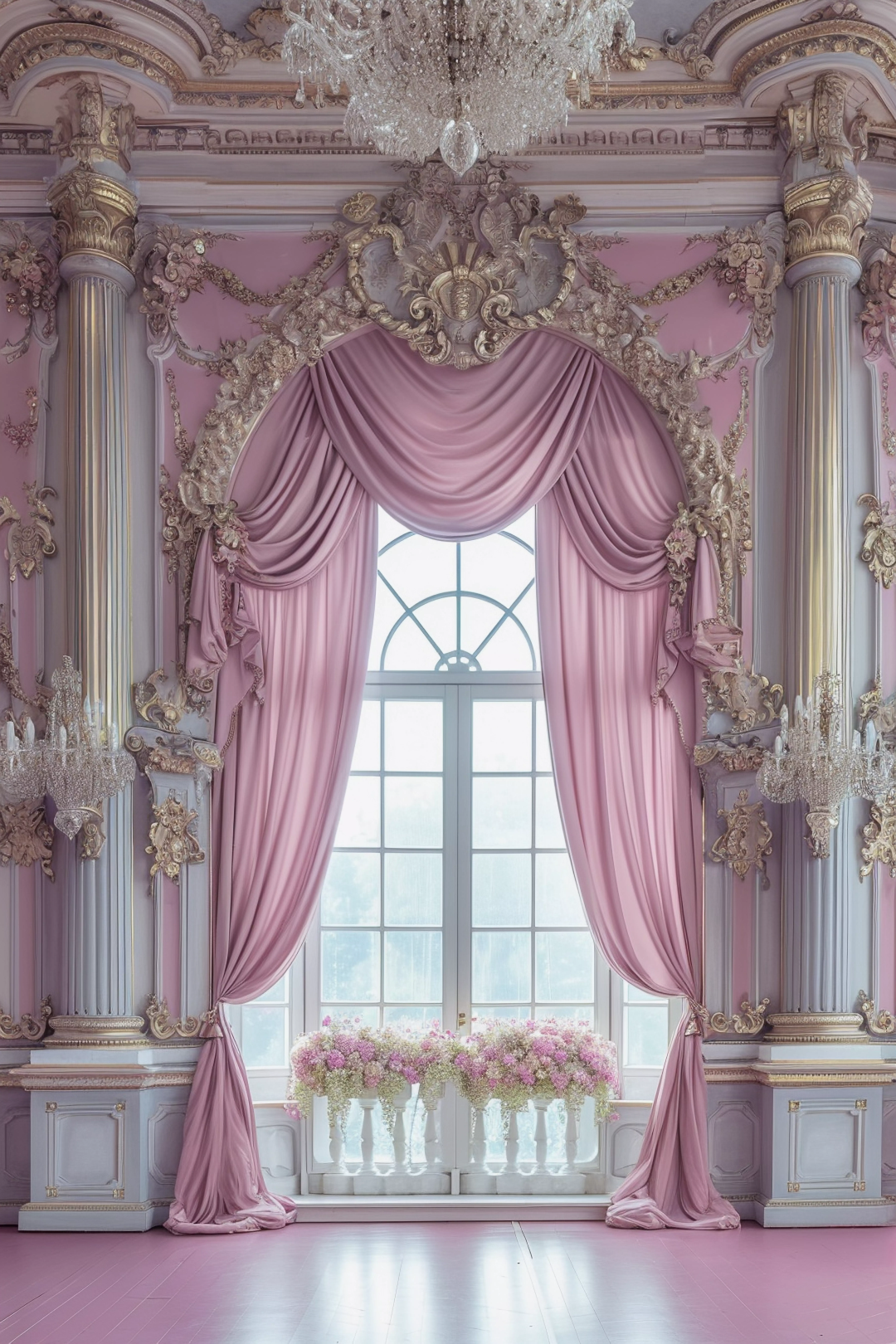 Pink Luxury Theme With Gold Pillars For Model Shoot - Backdrop Imperia Printed Backdrop