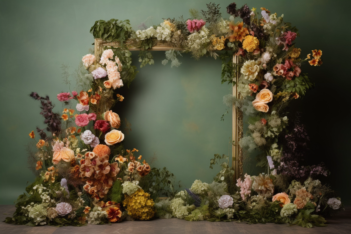 Floral frame backdrop with multiclour flowers in green background