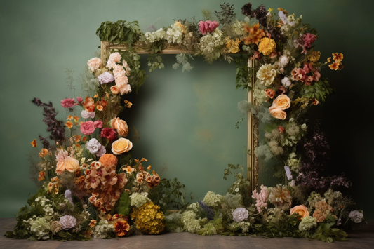 Floral frame  backdrop with multiclour flowers in green background