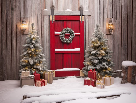 Red Door With Xmas Tree Theme - Backdrop Imperia Printed Backdrop