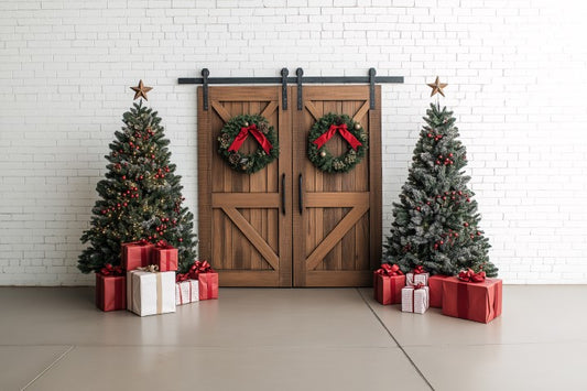 Wooden Door With Xmas Tree - Backdrop Imperia Printed Backdrop