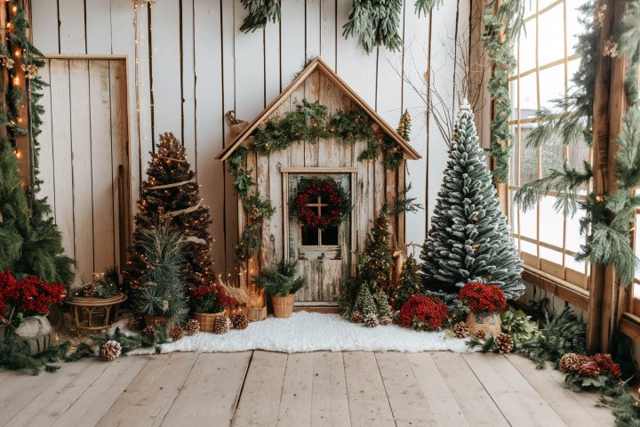 White Barn With Christmas Tree - Backdrop Imperia Printed Backdrop