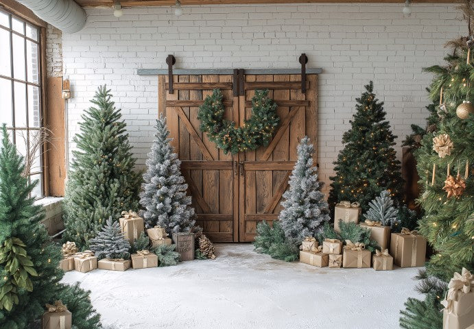 Wooden Door With Xmas Tree - Backdrop Imperia Printed Backdrop